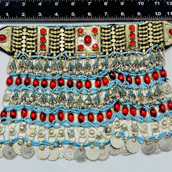 Afghan Choker Necklace, Tribal Kuchi Layered Necklace With Red Glass Stones - Picture 9 of 10